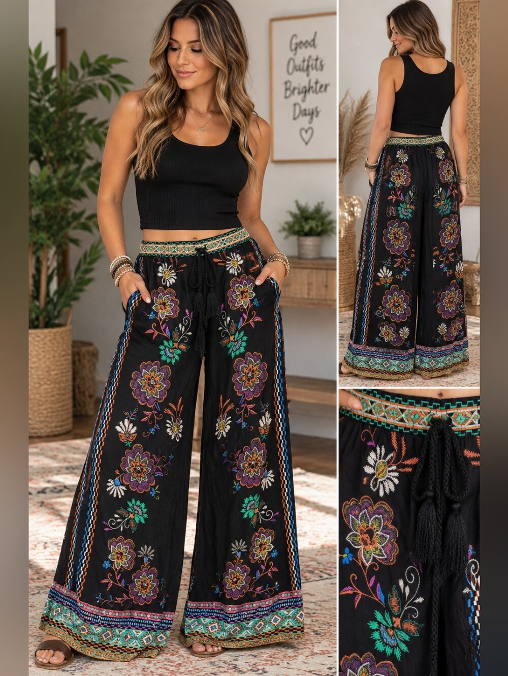 Flying Tomato Women’s Medium Black Embroidered Floral Wide Leg Palazzo Pants Boh
